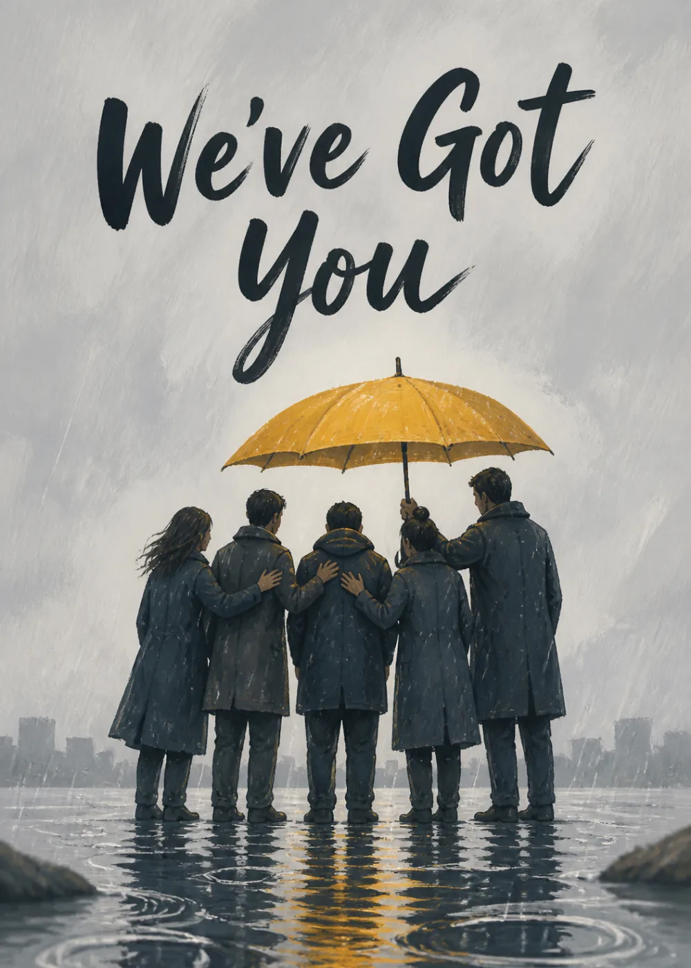 Five friends huddled together under one gold umbrella in the rain, standing united in support