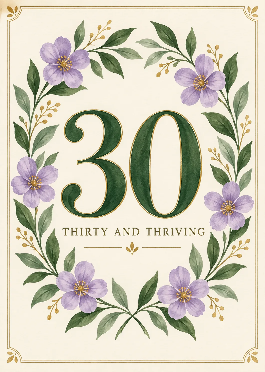 Large green number 30 in a wreath of purple flowers on cream with text thirty and thriving