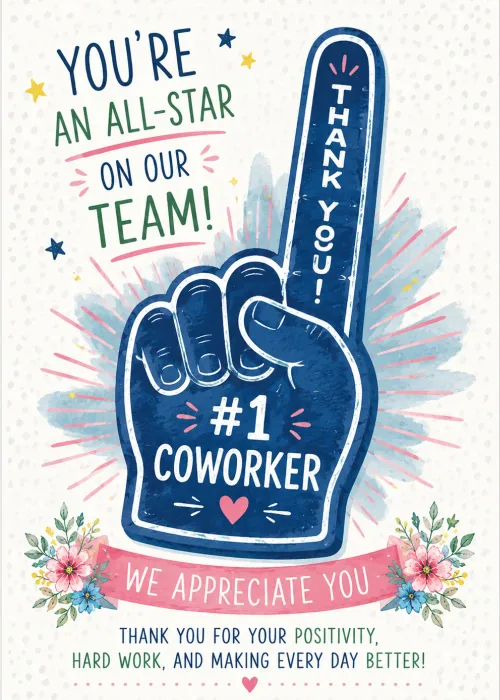 Blue foam finger with number one coworker text and pink floral, coworker appreciation card