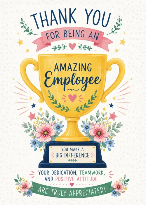 Gold trophy with employee appreciation message and soft pink and blue watercolor flowers