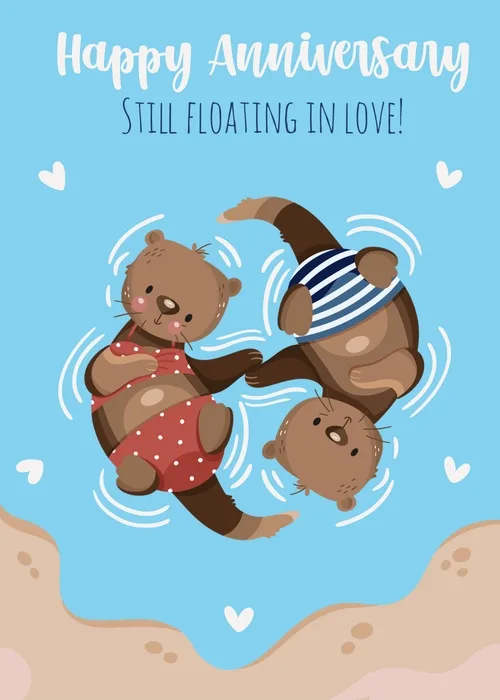 Two illustrated bears cuddling on a warm-toned happy anniversary card