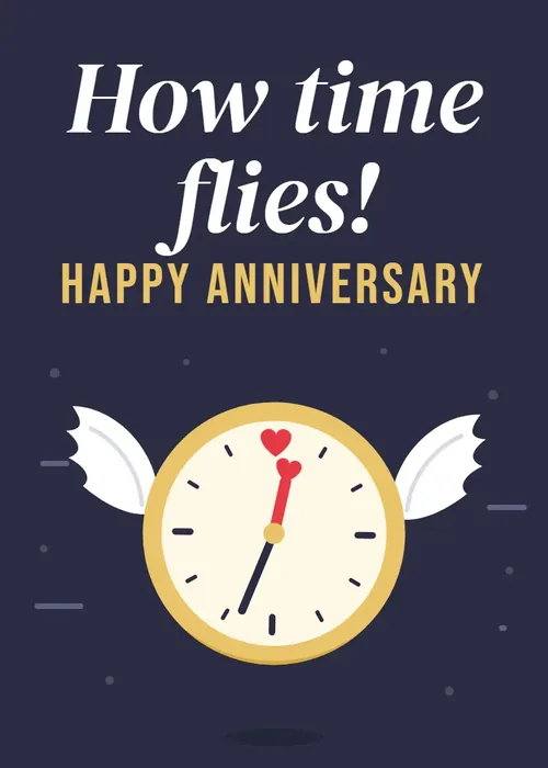Animated gold clock with white wings and a heart at twelve flying under How time flies Happy Anniversary text