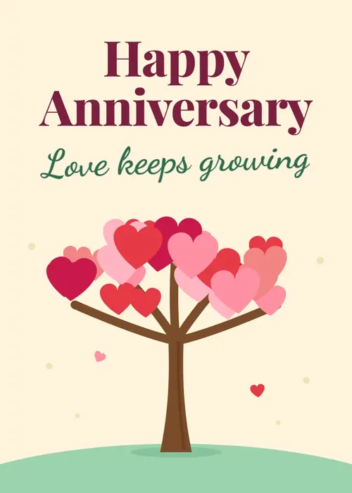 Animated tree with branches full of pink and red hearts under Happy Anniversary Love keeps growing script