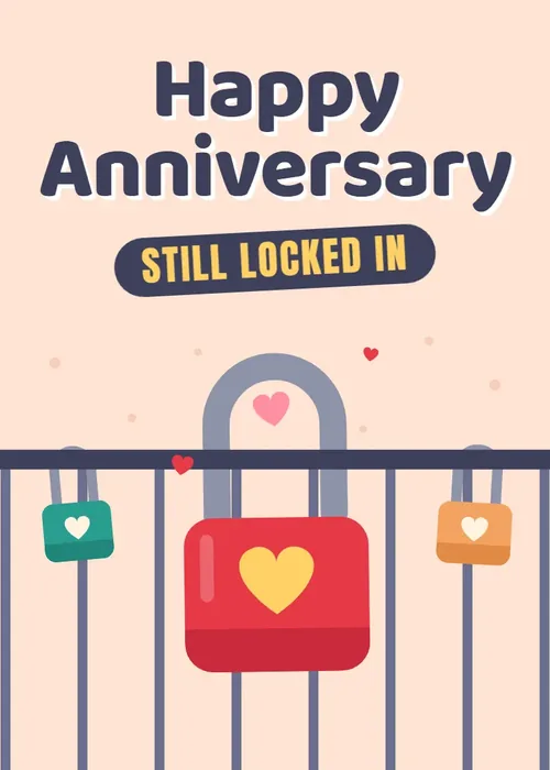 Animated red heart padlock clipped to a bridge railing with smaller love locks under Still Locked In text