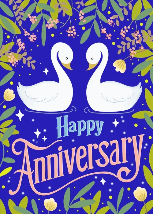 Two elegant white swans forming a heart on a deep navy anniversary card