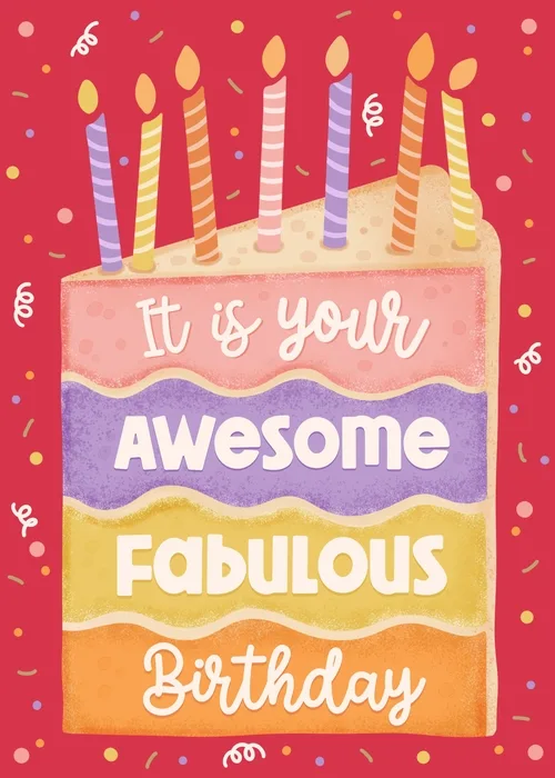 Pink and orange birthday card with a candle-topped cake and bold lettering