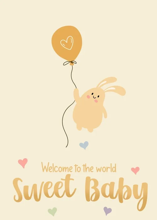 Cute illustrated bunny floating with a golden heart balloon on a warm cream background with pastel hearts and golden script text reading Welcome to the world Sweet Baby