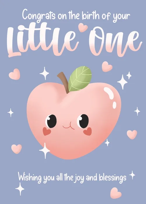 Animated cute kawaii peach character with big eyes and rosy cheeks surrounded by pink hearts and sparkles on a lavender background with new baby congratulations text