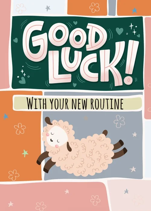 Animated new baby card with pastel patchwork panels featuring a sleepy illustrated lamb and bold green text Good Luck With Your New Routine