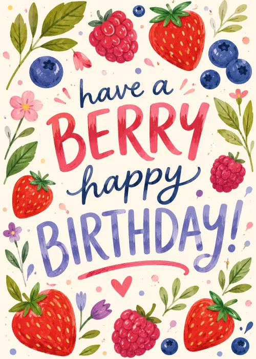 Hand-lettered berry happy birthday greeting framed by painted strawberries and blueberries