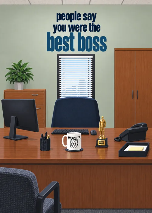 Illustrated office desk with a World's Best Boss mug and gold trophy