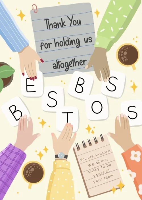 Illustration of hands holding letters spelling best boss for an appreciation card