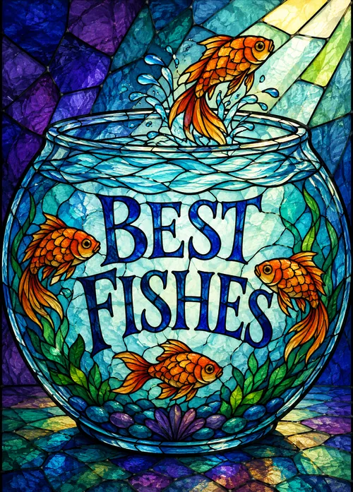 Stained glass fishbowl with leaping goldfish and a Best Fishes banner