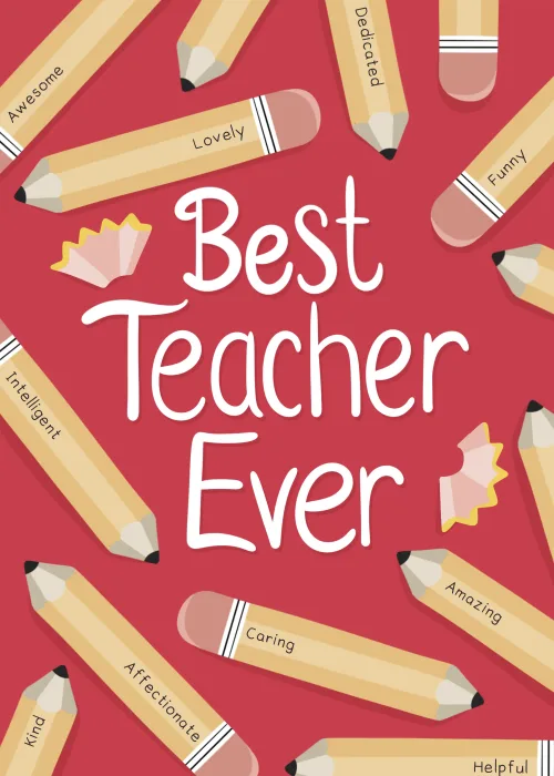 Red card with scattered pencil pattern and bold best teacher ever text