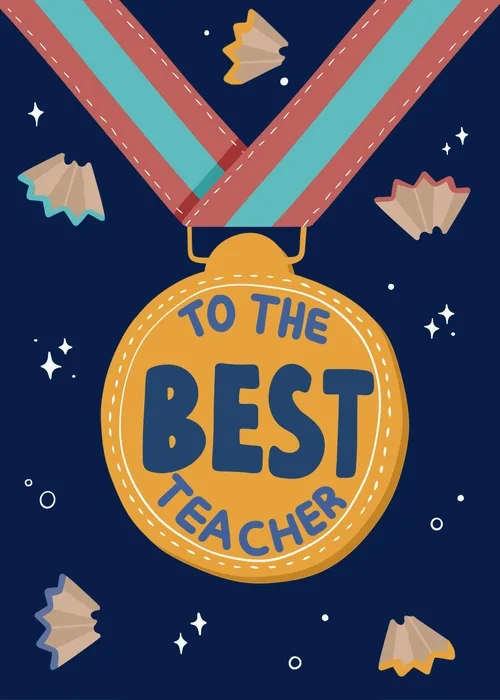 Navy card with a gold medal illustration reading to the best teacher