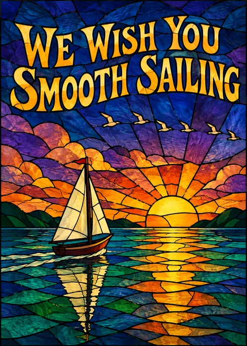 Smooth sailing best wishes card, stained glass sailboat on water at sunset with seagulls, orange, purple and blue