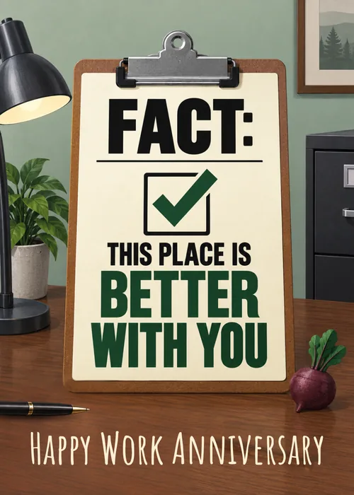 Office desk scene with clipboard reading 'FACT: This place is better with you'