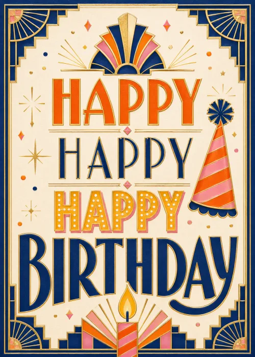 Art deco birthday card with navy and orange lettering, a striped party hat and a lit candle