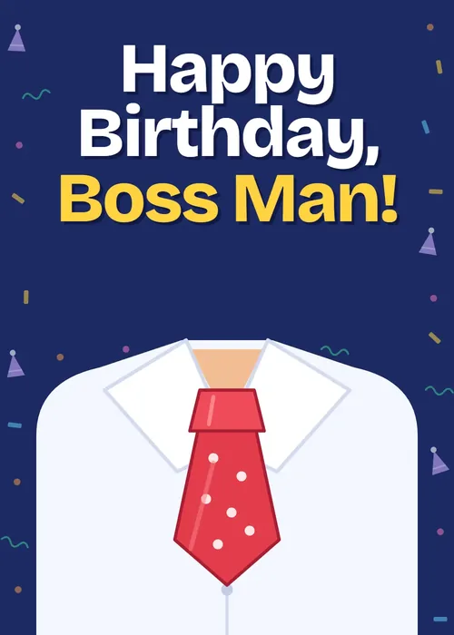 Animated white shirt and red polka dot tie on navy with Happy Birthday Boss Man and loosen the tie text