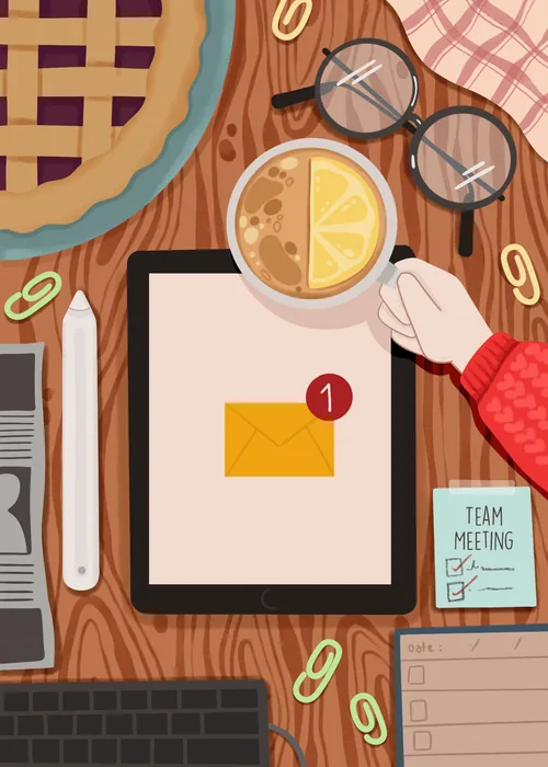 Animated birthday card, overhead cozy desk with tablet reading Happy Birthday, tea with lemon, pie and glasses