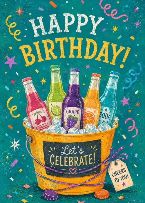 Colorful soda bottles in a gold ice bucket with confetti on a teal birthday party background