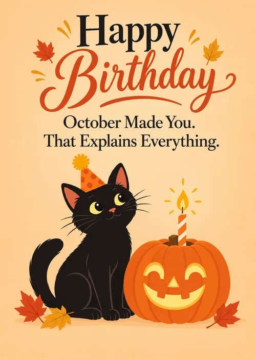 Black cat beside a glowing jack-o-lantern with a candle on orange and the text October Made You