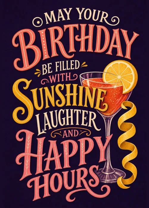 Ornate coral and gold birthday lettering with a cocktail and citrus twist on near black
