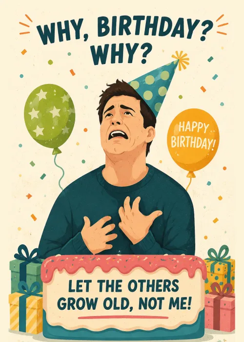 Cartoon man in a birthday hat with a shocked expression at a birthday cake, funny birthday card