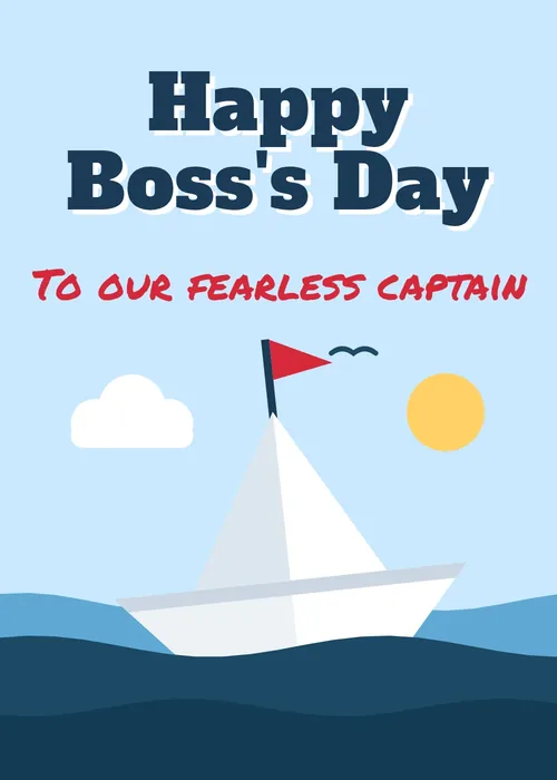 Animated white sailboat with a red flag on blue waves under Happy Boss's Day To our fearless captain