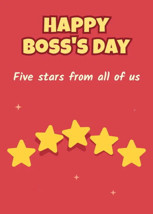Animated row of five gold stars on bold red under Happy Boss's Day Five stars from all of us