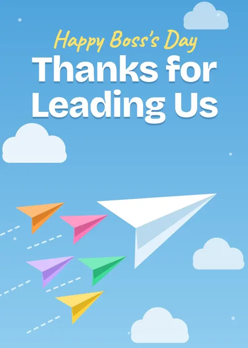 Animated white paper plane leading colorful paper planes across blue sky under Thanks for Leading Us