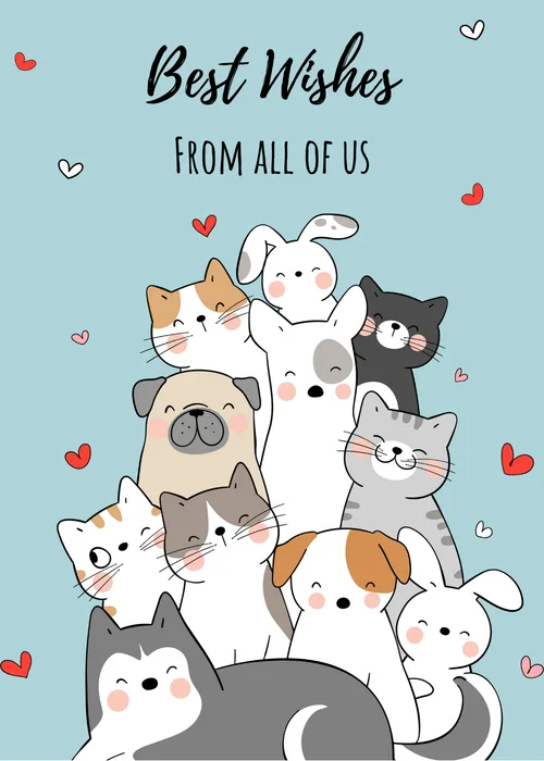 Cute illustrated animal characters with best wishes message in bright cheerful design