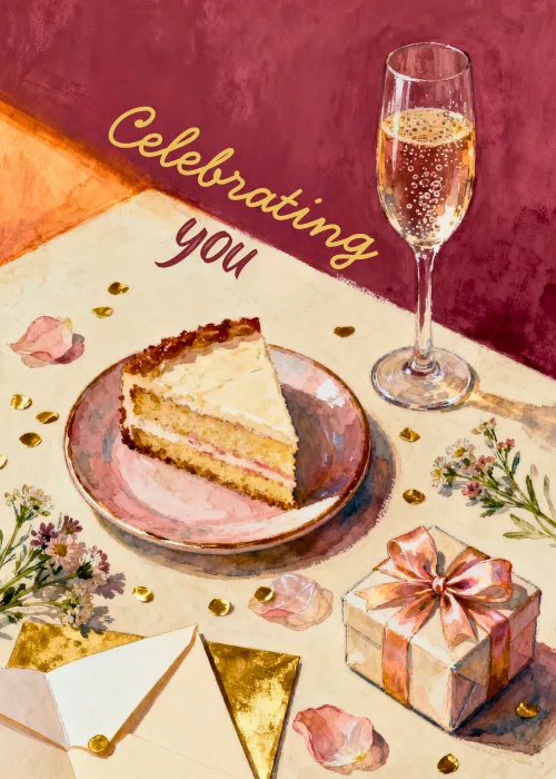 Watercolor birthday card with cake slice champagne gift box flowers and Celebrating You message