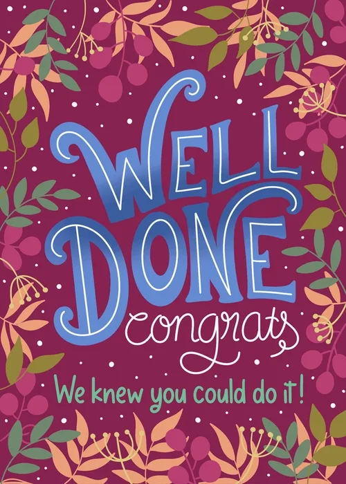 Animated bold hand-lettered Well Done and Congrats text surrounded by colorful autumn leaves and berries on a deep purple background with We knew you could do it text below