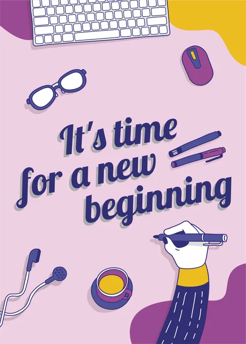 Lavender illustrated card with overhead flat-lay view of a work desk including keyboard and coffee, with script text reading "It's time for a new beginning"