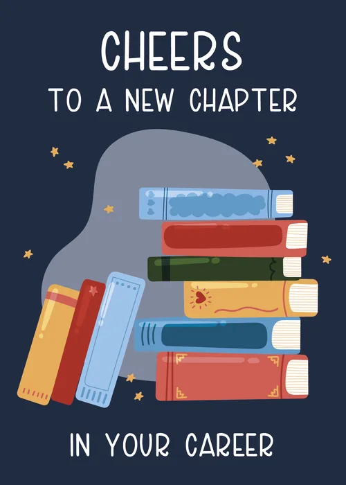 Congratulations card with illustrated book stack on navy background and Cheers to a New Chapter text in bold lettering