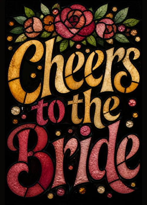 Stained glass style lettering reading Cheers to the Bride, framed by rose blooms in gold and red