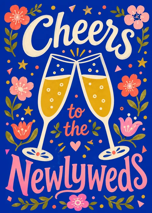 Folk-art champagne toast with bold pink lettering celebrating the newlyweds on a royal blue background
