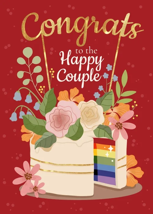 Red wedding card with a tiered cake and rainbow flag topper surrounded by flowers