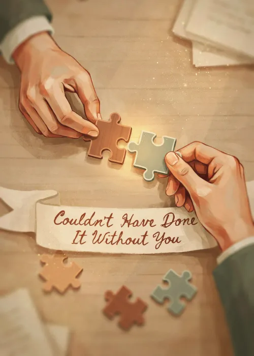 Hands joining puzzle pieces on a Couldn't Have Done It Without You thank you card
