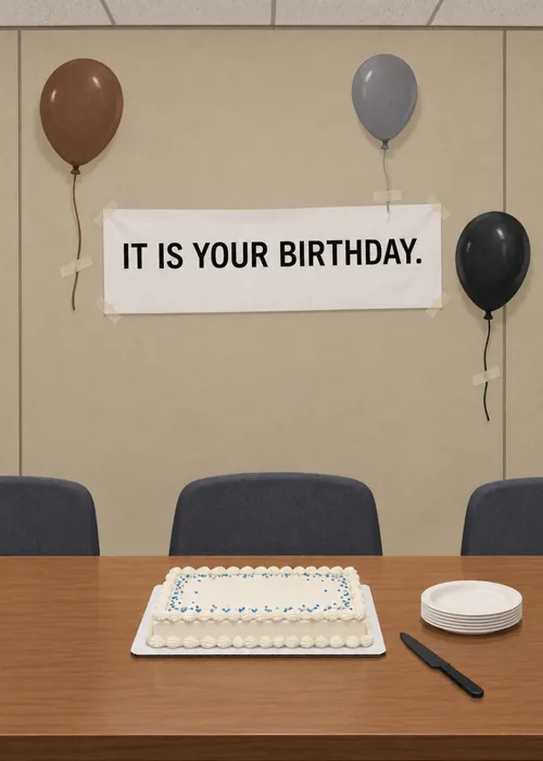 Deadpan office banner reading It Is Your Birthday above a sheet cake and balloons