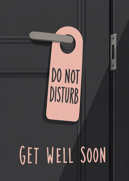 Pink 'Do Not Disturb' door hanger on a dark door above 'Get Well Soon' text