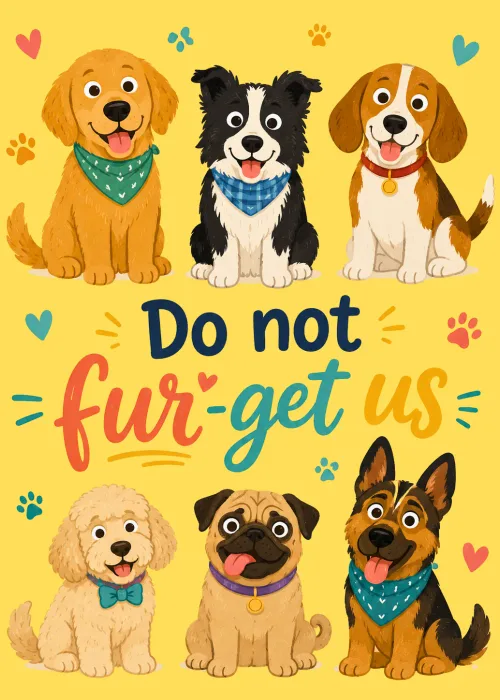 Six cartoon dogs in bandanas on yellow with hand-lettered text Do not fur-get us