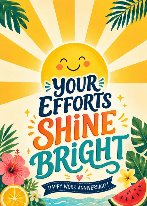 Smiling sun over tropical flowers with bold lettering reading Your Efforts Shine Bright Happy Work Anniversary