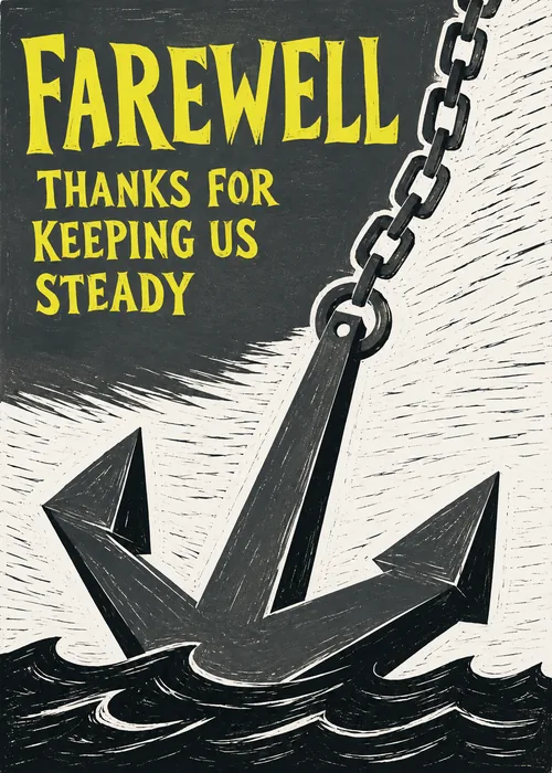 Bold navy woodcut illustration of an anchor and chain with yellow 'Farewell' lettering