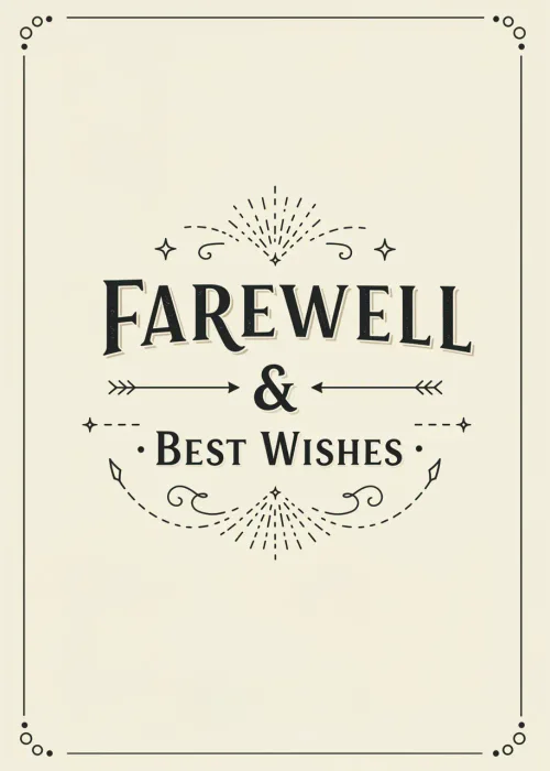 A clean, minimalist design with black text on a white background saying Farewell & Best Wishes.