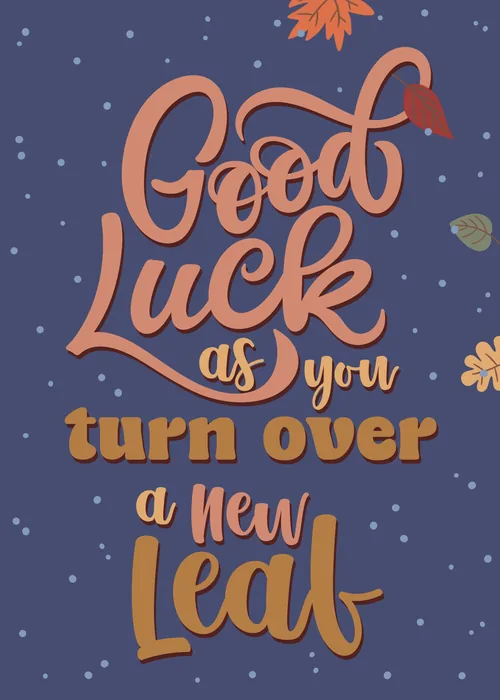 Farewell card with copper and gold script reading Good Luck as you turn over a new leaf on navy with autumn leaves