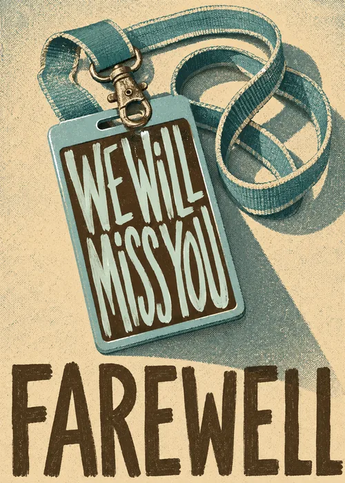 A teal ID badge and lanyard reading We Will Miss You rests above bold Farewell text