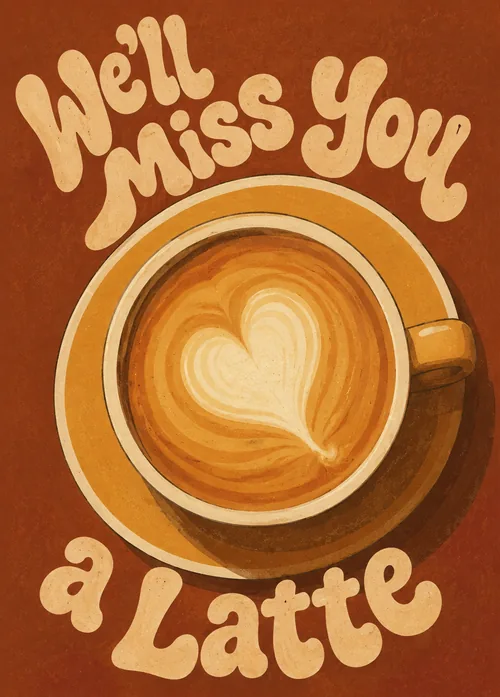 Steaming latte with a heart in the foam on a burnt orange background reading We'll Miss You a Latte