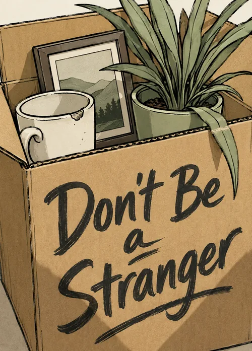 Moving box with mug, framed photo and plant, labeled Don't Be a Stranger